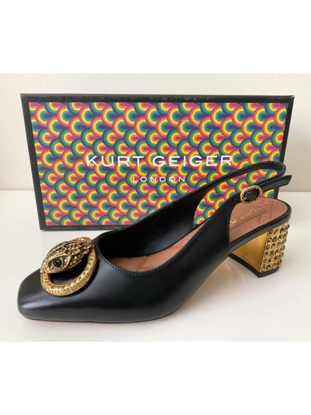 Kurt Geiger London Chelsea Block Slingback Heels in Black  Size EU 38 US 7.5